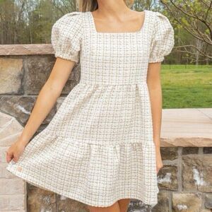 NWT Simply Southern Women’s S Small White Gold Tweed Dress Tiered Square B13